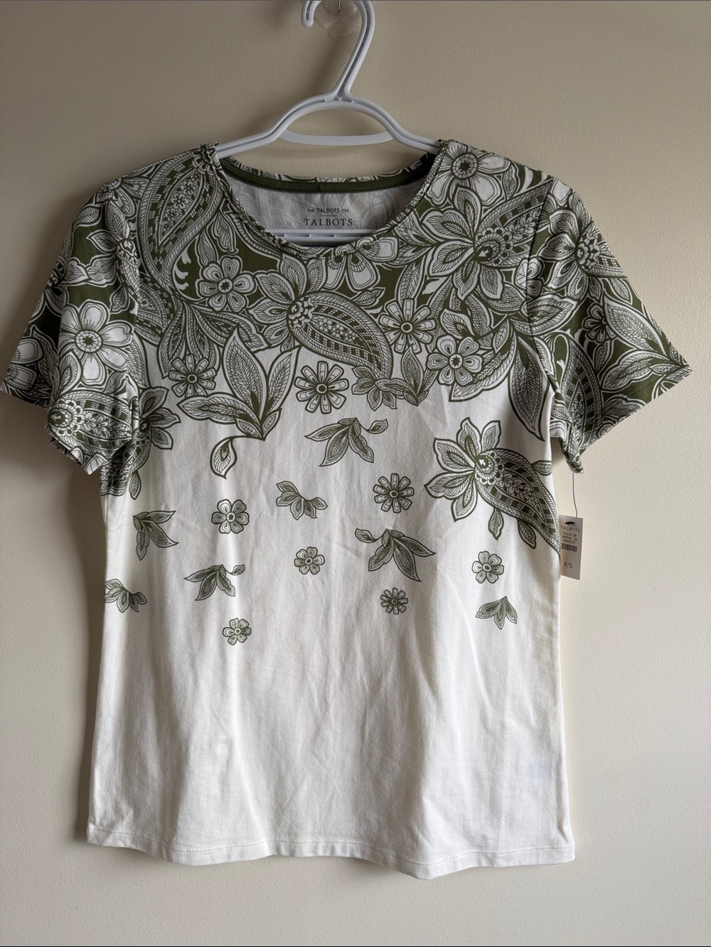 Talbots Olive and White Floral Crewneck Short-Sleeve Tee
